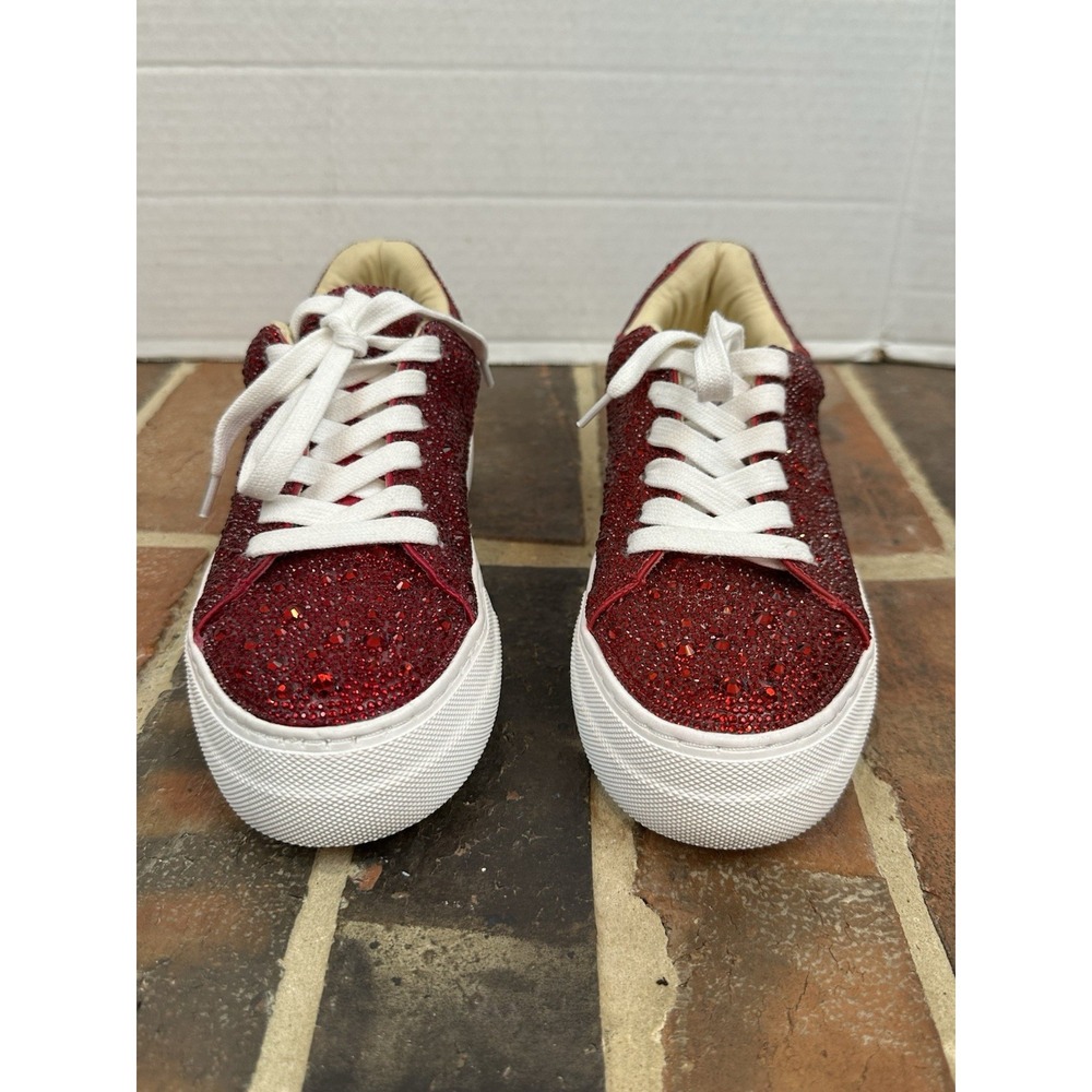 Betsey Johnson Platform Sneakers Red Rhinestone White Details Bling Women's 6 - Picture 6 of 8